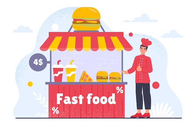 Kiosk with fast food concept Seller near red cart with hamburger Burgers slice of pizza and cups of soda Catering and outdoor cafe with takeaway food Cartoon flat vector illustration