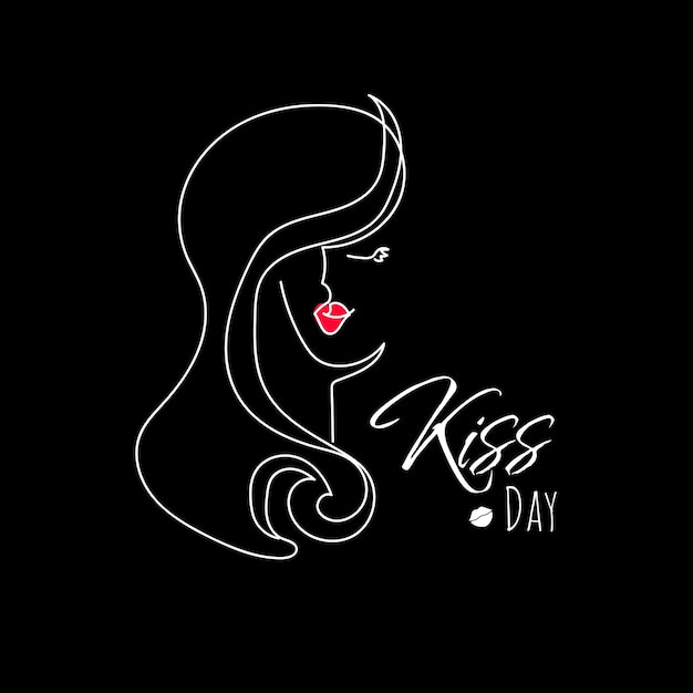 Kiss day greeting card lettering lineart black background