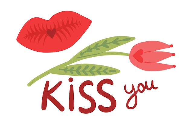 Kiss you lettering with red tulip Romantic love sticker