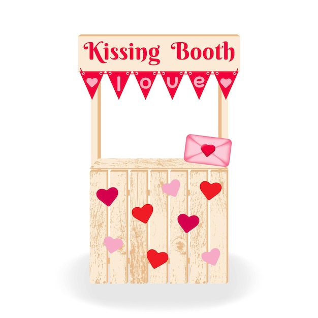 Kissing booth. Festive decor in the form of a decorated Kissing Booth with flags and hearts.