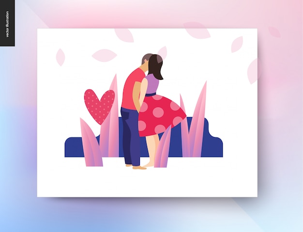 Kissing scene - flat cartoon vector illustration of young couple, boyfriend and girlfriend, kissing, romantic scene