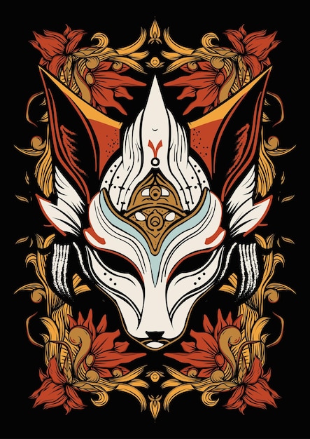 Kistune mask vector and flower illustration art japan style