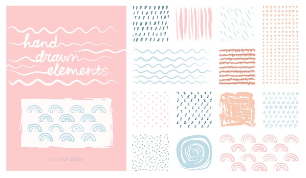 kit pastel hand drawn artistic square backgrounds and sketch with abstract textures