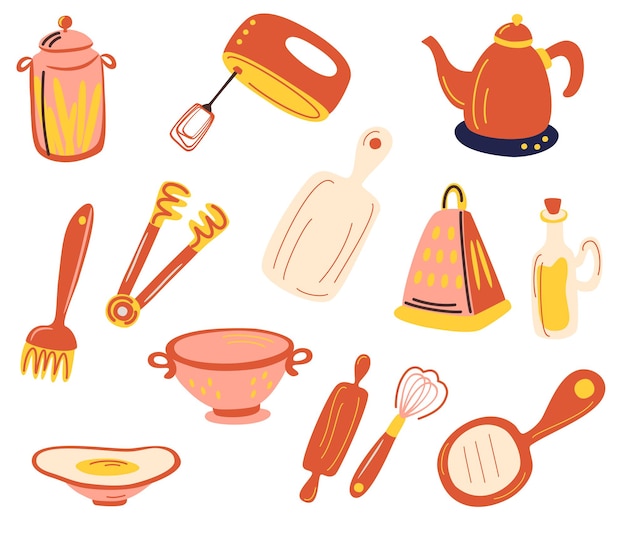 Kitchen accessories set. kitchenware and utensils. Hand mixer, grater, whisk, chopping board, cans, colander, kettle. For modern recipe card template set for cookbook. Vector flat illustration.