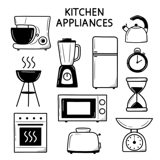 Kitchen appliances in doodle style on a white background sketch