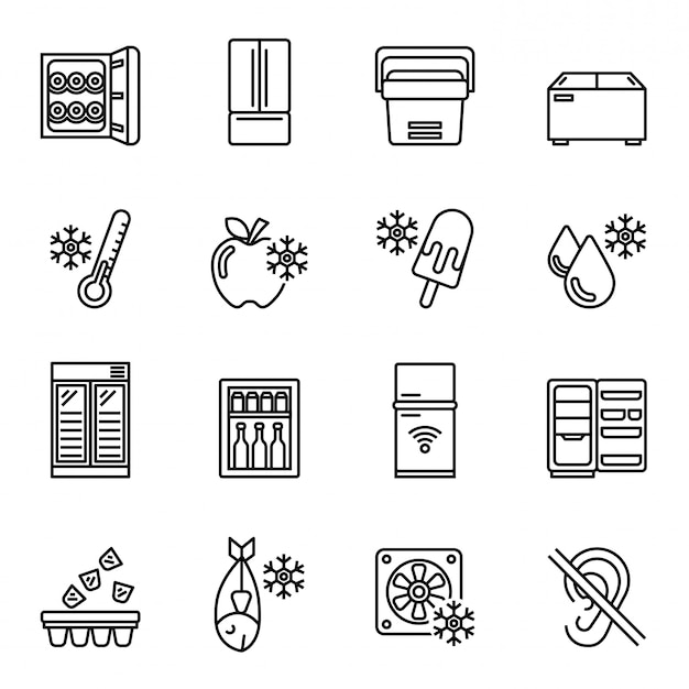 Kitchen Appliances, Equipment, Freeze Refrigerator icon set. Line style stock