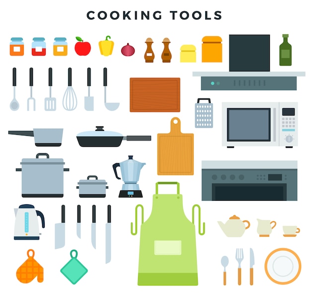 Vector kitchen appliances, utensils and crockery, set of icons. cookware and condiments.