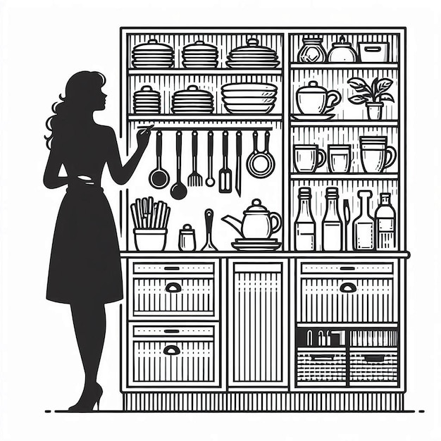 Kitchen cabinet organizer Silhouette line art vector illustration on white background