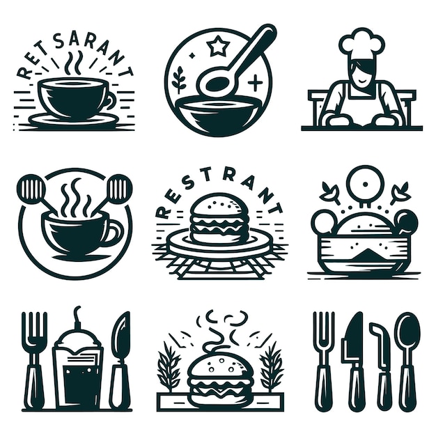 Kitchen and Cafe Labels with text designs as well as restaurant utensils