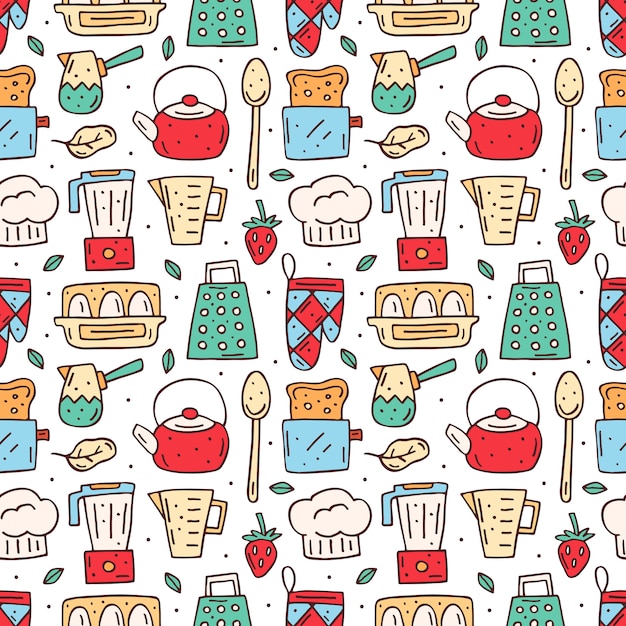 Kitchen cartoon elements seamless pattern