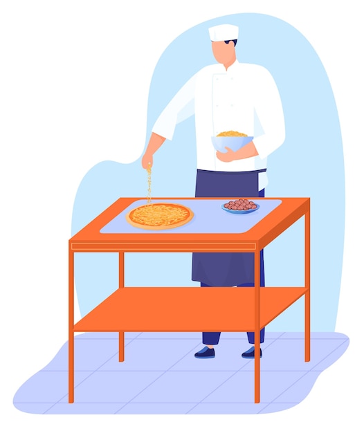 Vector the kitchen cook prepares pizza italian cuisine delicious baked pizza colorful vector illustration i...