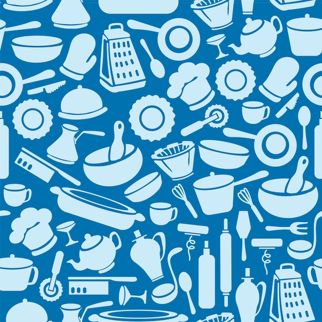 Kitchen courses hobby cooking at home doodles sketch vector hand drawn illustration. Print textile large set clipart. isolated elements on blue background. Seamless texture with kitchen utensils