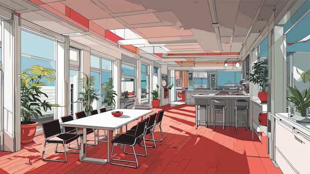 Vector kitchen and dining room drawing vector illustration 2d