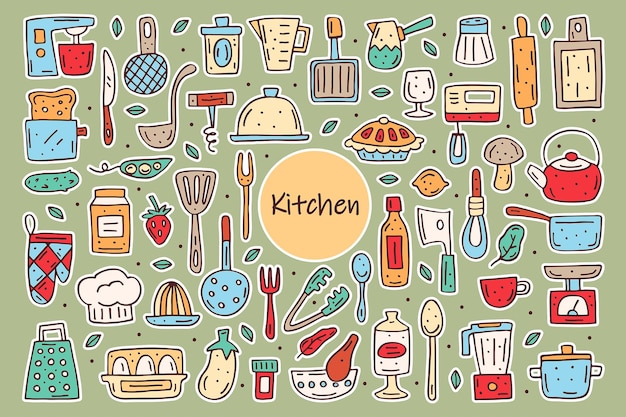 Kitchen elements cute doodle hand drawn vector clipart set of elements stickers Cooking equipment food kitchenware