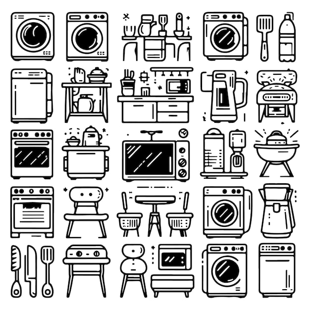 Kitchen equipment and furniture thin line icons set tools and household electric machine vector