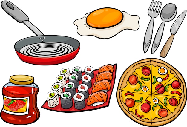 kitchen and food objects cartoon set