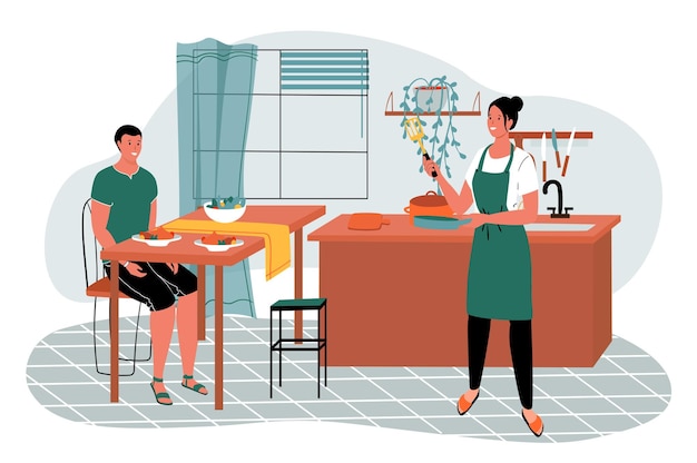 Kitchen green orange concept with people scene in the flat cartoon design Wife cooked delicious