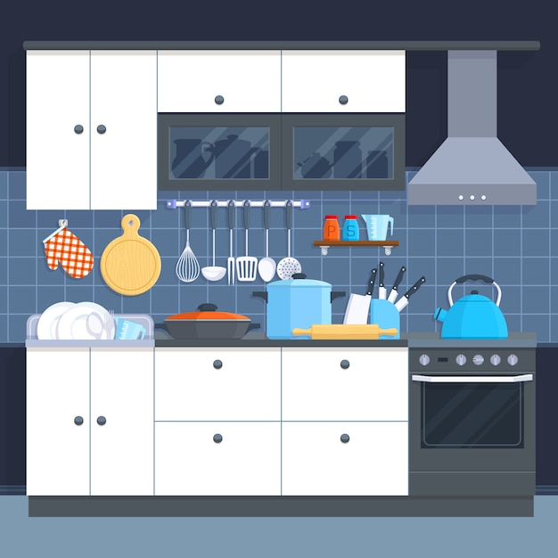 Kitchen home interior with oven and kitchenware vector illustration. 