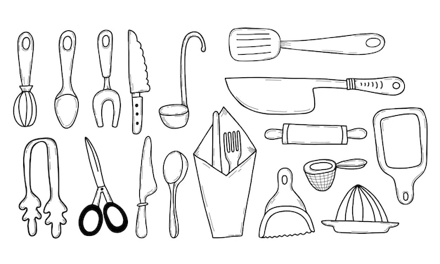 Kitchen icon Lines kitchen cooking tools and appliances kitchenware spoon knives and scissors Doodle