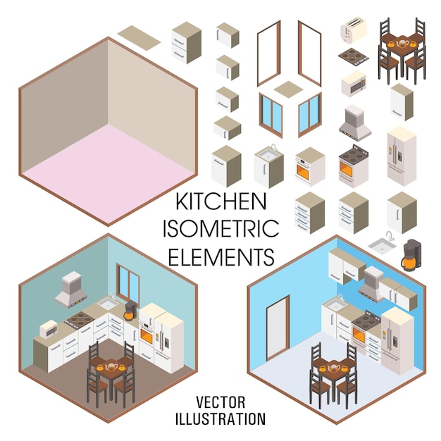 Kitchen interior constructor vector flat isometric illustration