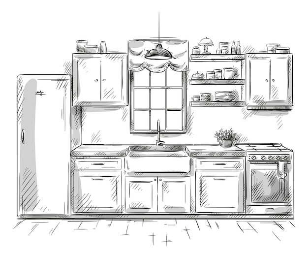 Kitchen interior drawing, vector illustration