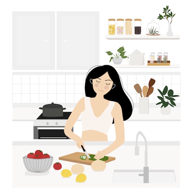 Kitchen interior. Flat style  illustration. Young woman is cooking healthy food.