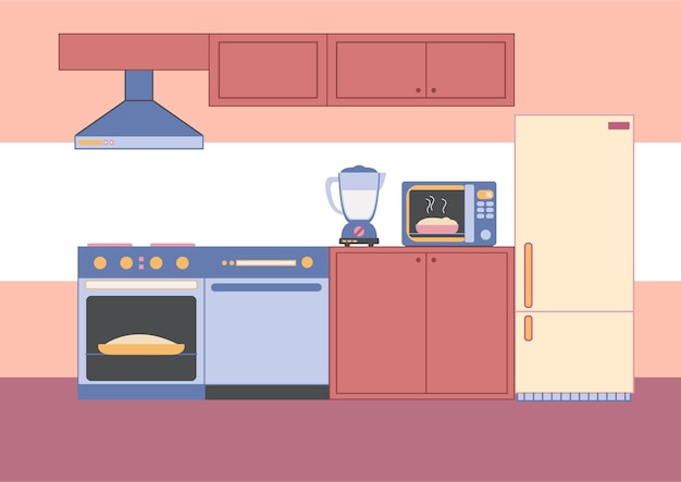 Kitchen interior in pink and blue. Refrigerator, oven and cooking cabinets. Restaurant or home kitchen. Vector illustration in flat style.