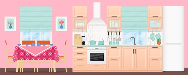 Kitchen interior with dining area.  illustration. Flat design.