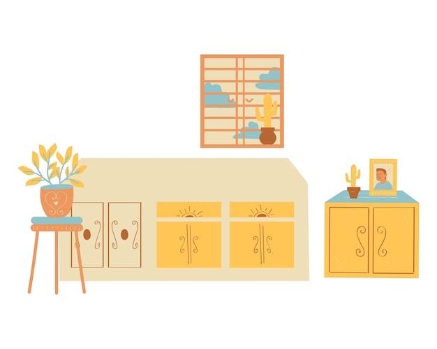 Kitchen interior with furniture and plants Flat style vector illustration