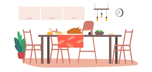 Vector kitchen interior with wooden table covered with tablecloth utensils food turkey and chairs stand around