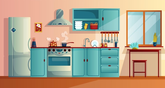 Kitchen interior witn furniture cartoon vector illustration. Home cooking room with wooden dining table, kitchen cabinets, fridge oven, hob and extractor hood. Appliances for home.