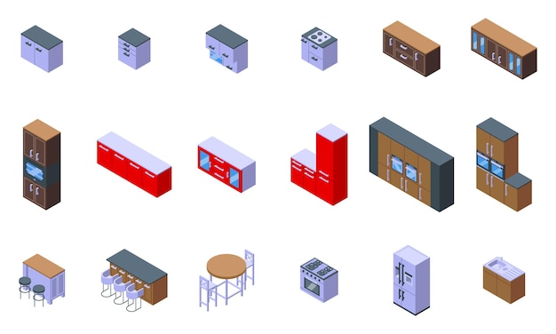 Kitchen island icons set isometric vector Apartment interior