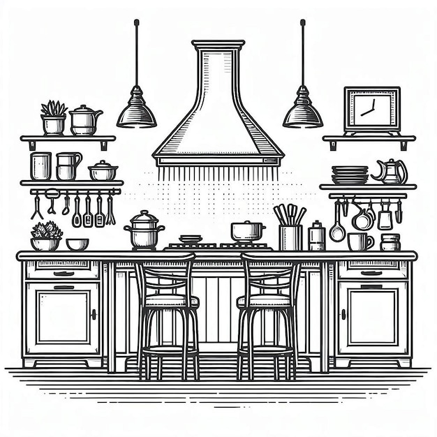 Kitchen island Silhouette line art vector illustration on white background