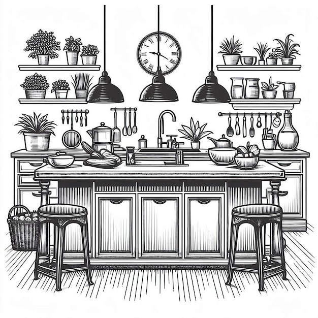 Kitchen island Silhouette line art vector illustration on white background