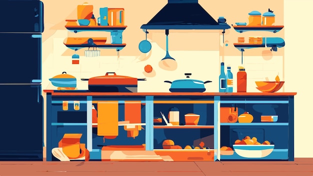 kitchen platform with food items gas stove vector illustration flat 2