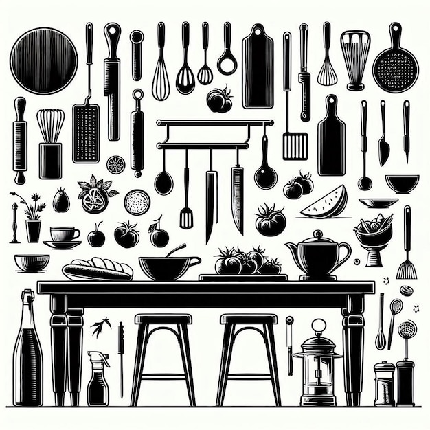 Kitchen prep table Silhouette line art vector illustration on white background