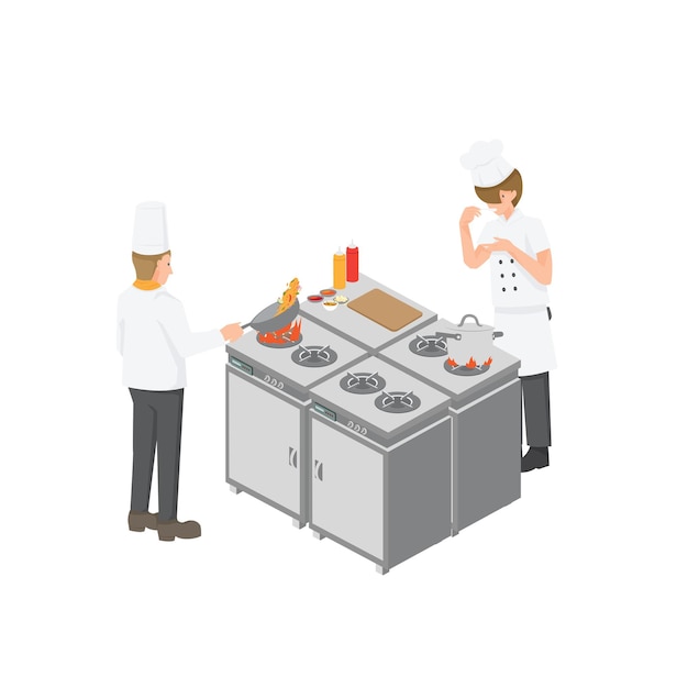 Vector kitchen room and chef worker graphic vector illustration on white background