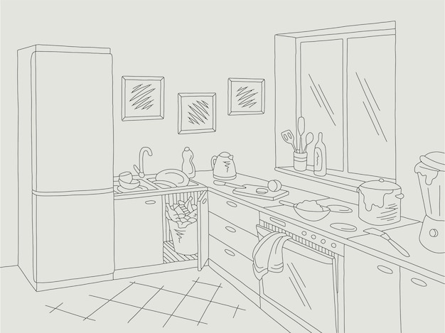 Kitchen room graphic black white home interior sketch illustration vector