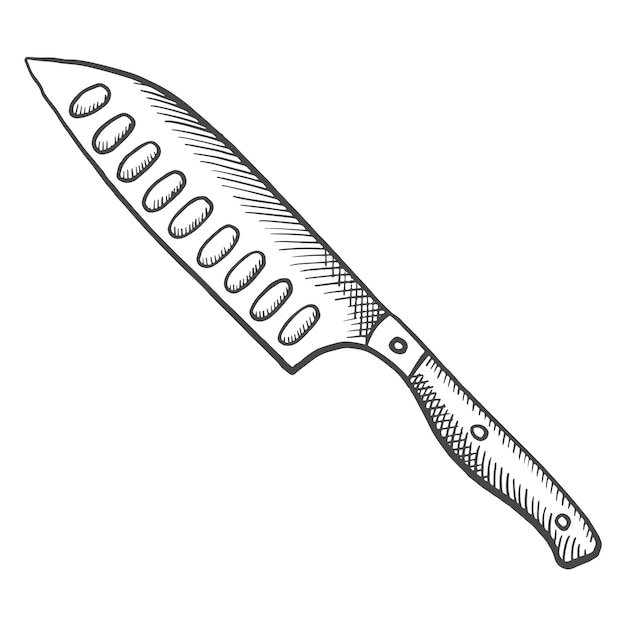 Kitchen santoku knife isolated doodle hand drawn sketch with outline style