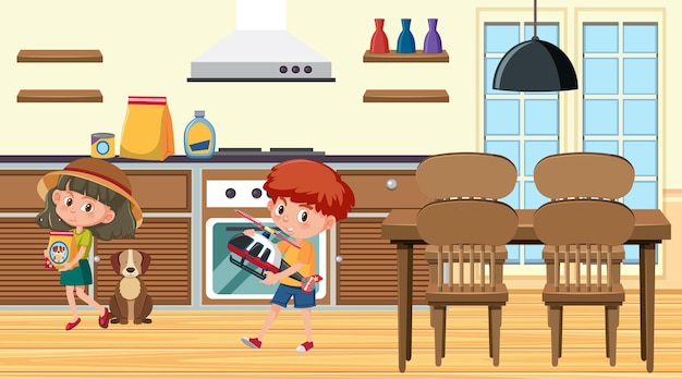 Kitchen scene with a boy holding his helicopter toy