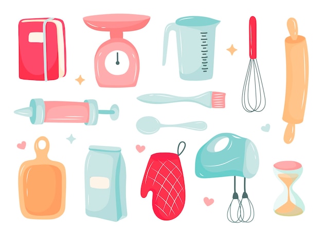 Kitchen set, cooking desserts, kitchen items. vector illustration in cartoon style