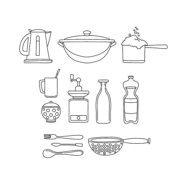 kitchen set hand drawn doodle illustrations vector set