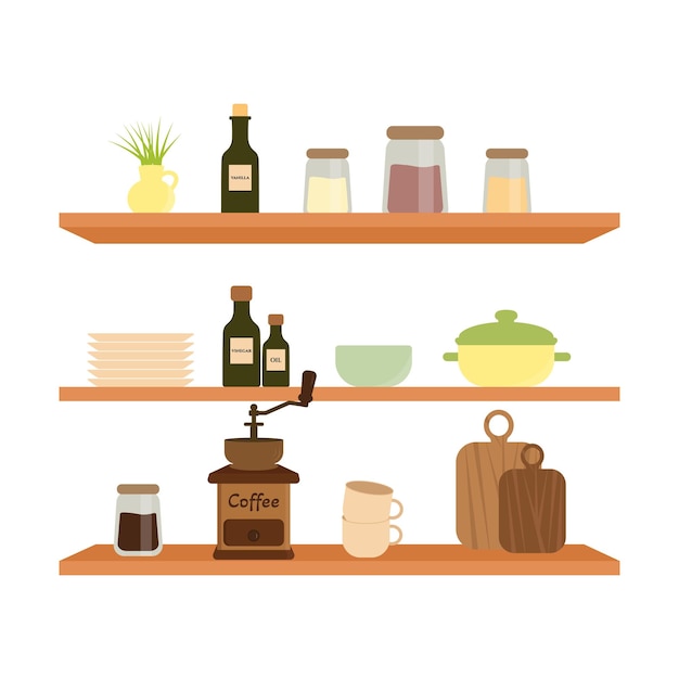 Kitchen shelves with utensils and dishes Vector illustration