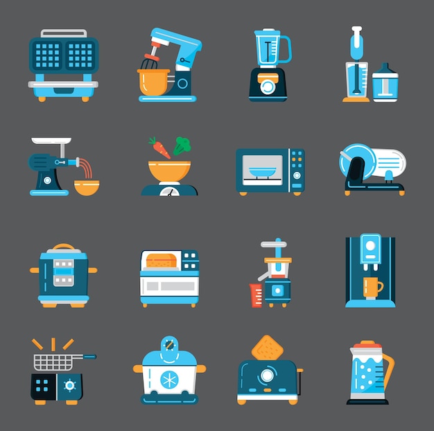 Kitchen small appliances flat set vector household tools symbol for app web