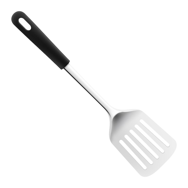 Kitchen Spatula Stainless steel isolated on white background A silver metal cooking spatula with black handle Realistic 3D vector illustration Kitchen utensils for cooking tableware