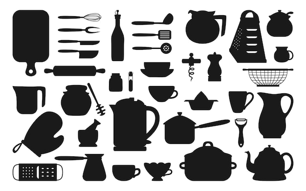 Kitchen tool black silhouette set