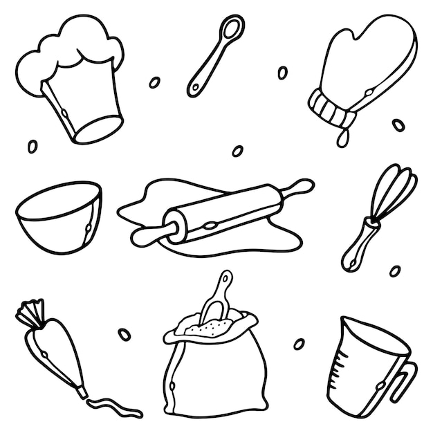 Kitchen tools for baking Outline Doodle Set Premium Vector