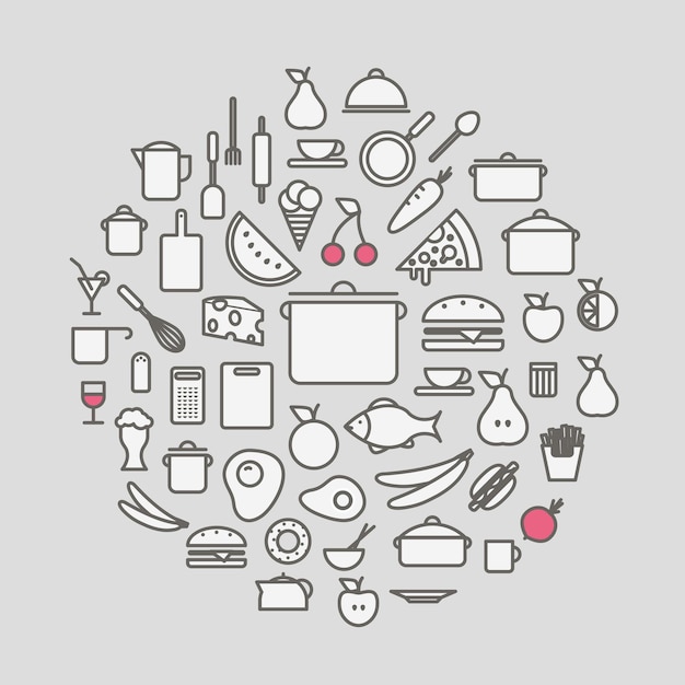 Kitchen tools and meal silhouette icons circle composition Design elements