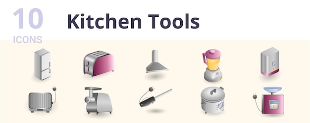 Kitchen tools set creative icons fridge toaster cooker hood