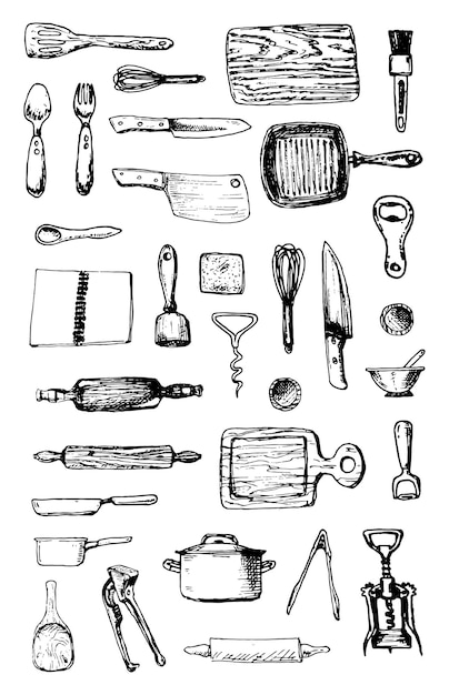 Kitchen tools - set of hand-drawn doodle icons. Isolated objects.